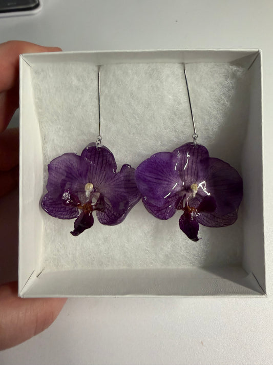 Boucles d’oreilles fleur d’orchidée mauve – vraies fleurs en résine avec crochets argentés