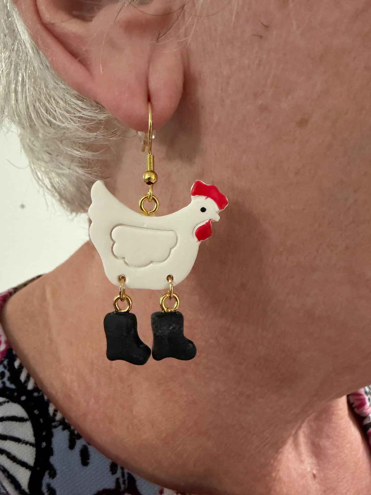 Chicken with Dangling Boots Polymer Clay Earrings