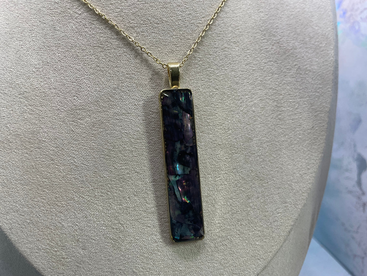 Long Gold Rectangular Abalone Shell Necklace