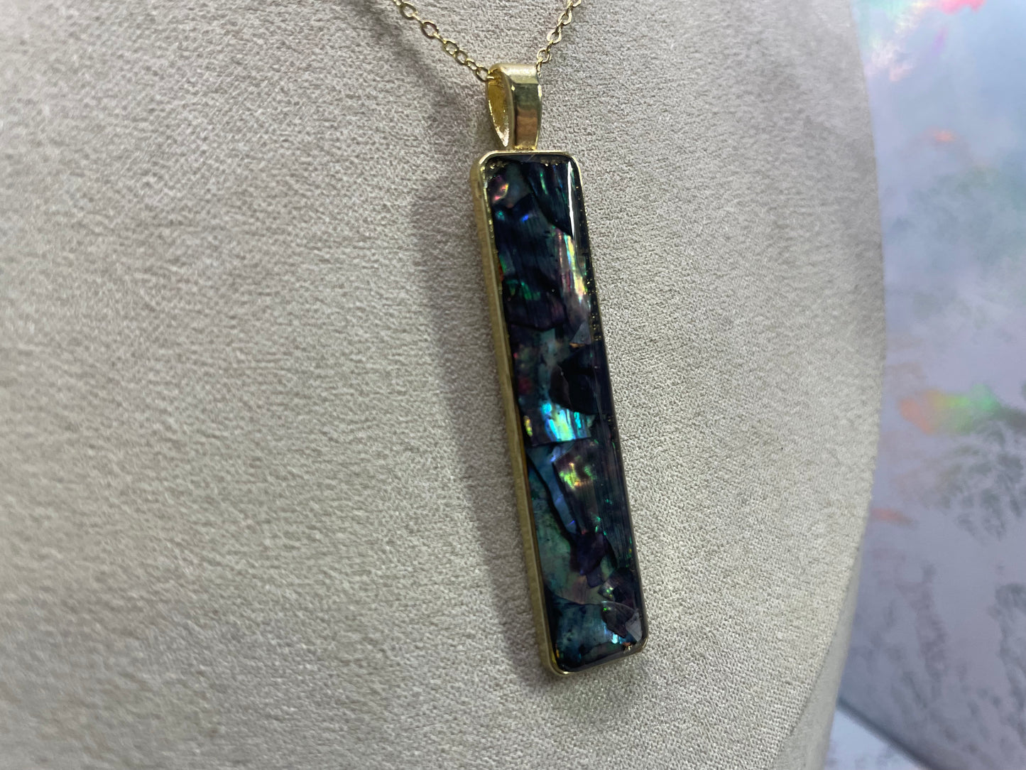 Long Gold Rectangular Abalone Shell Necklace