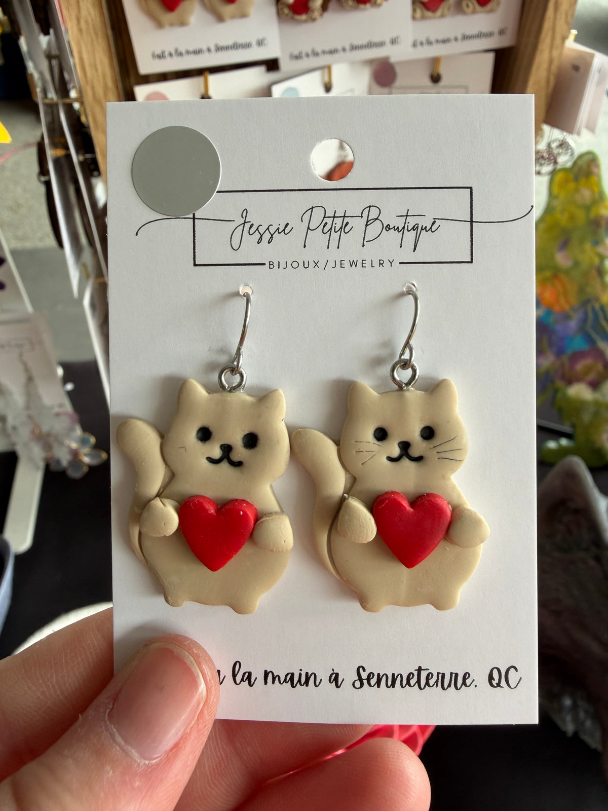 Cat with Heart Polymer Clay Earrings