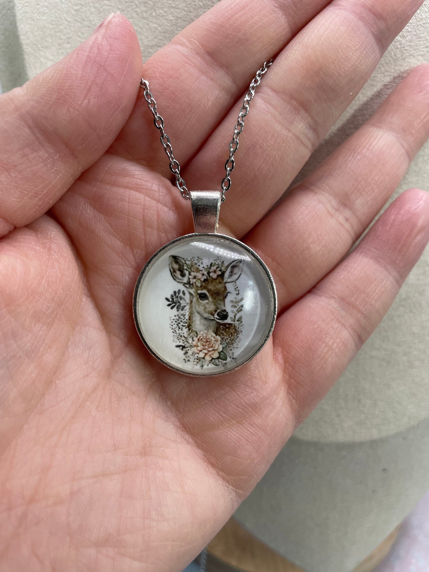 Deer Cabochon Necklace (Silver Finish)