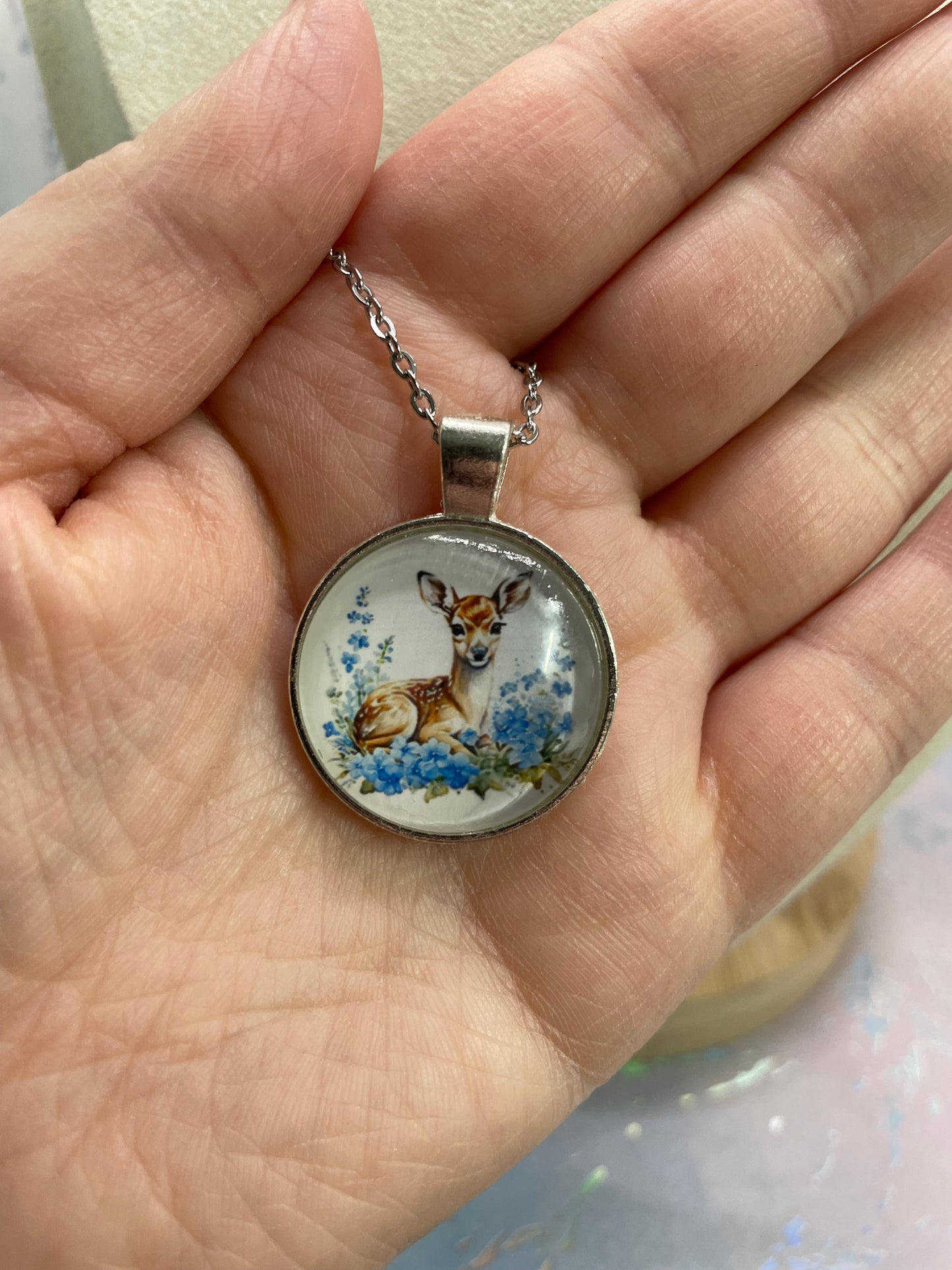 Deer Cabochon Necklace (Silver Finish)