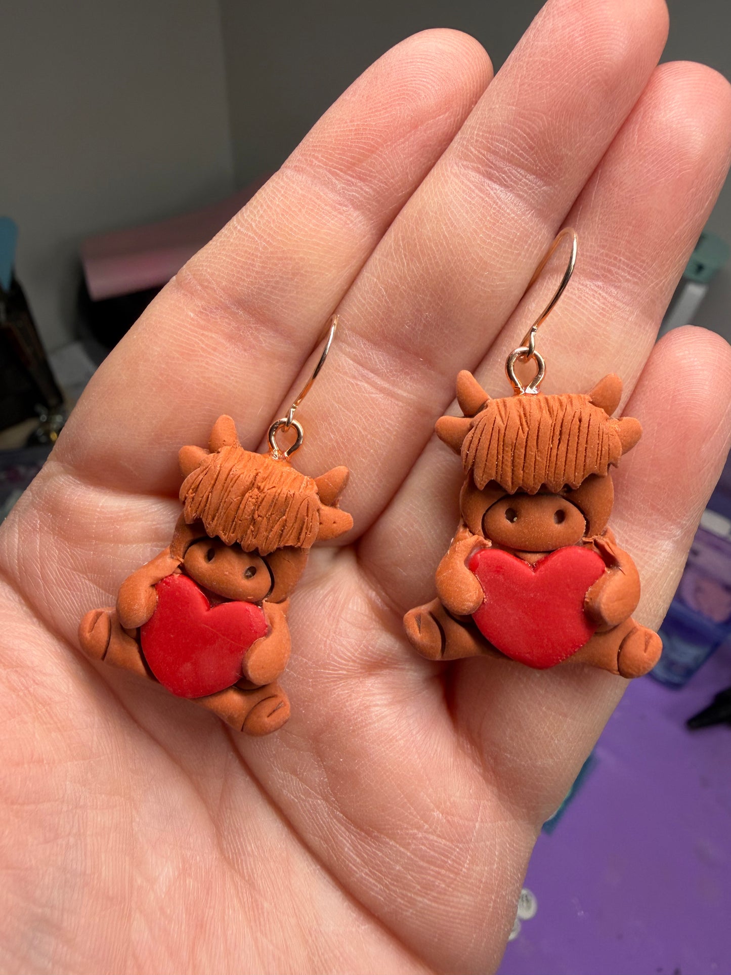 Highland Cow Heart Polymer Clay Earrings