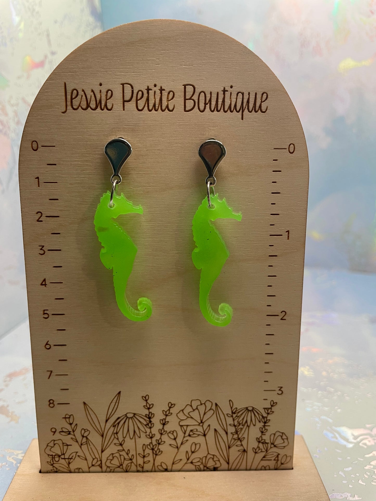Glow-in-the-Dark Green Seahorse Earrings -Nickel Free