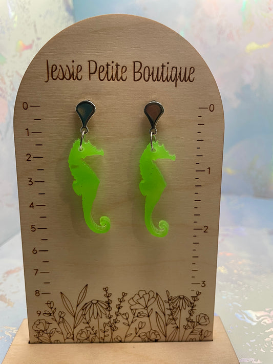 Glow-in-the-Dark Green Seahorse Earrings -Nickel Free
