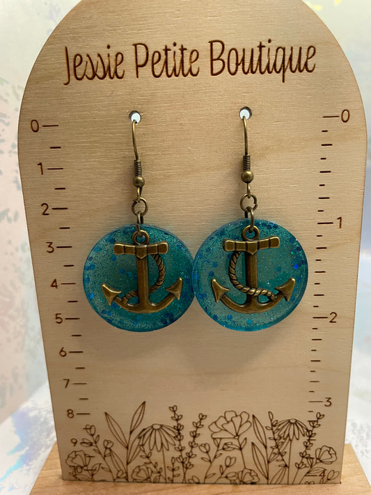 Bronze Anchor on Sparkly Blue Circle Earrings