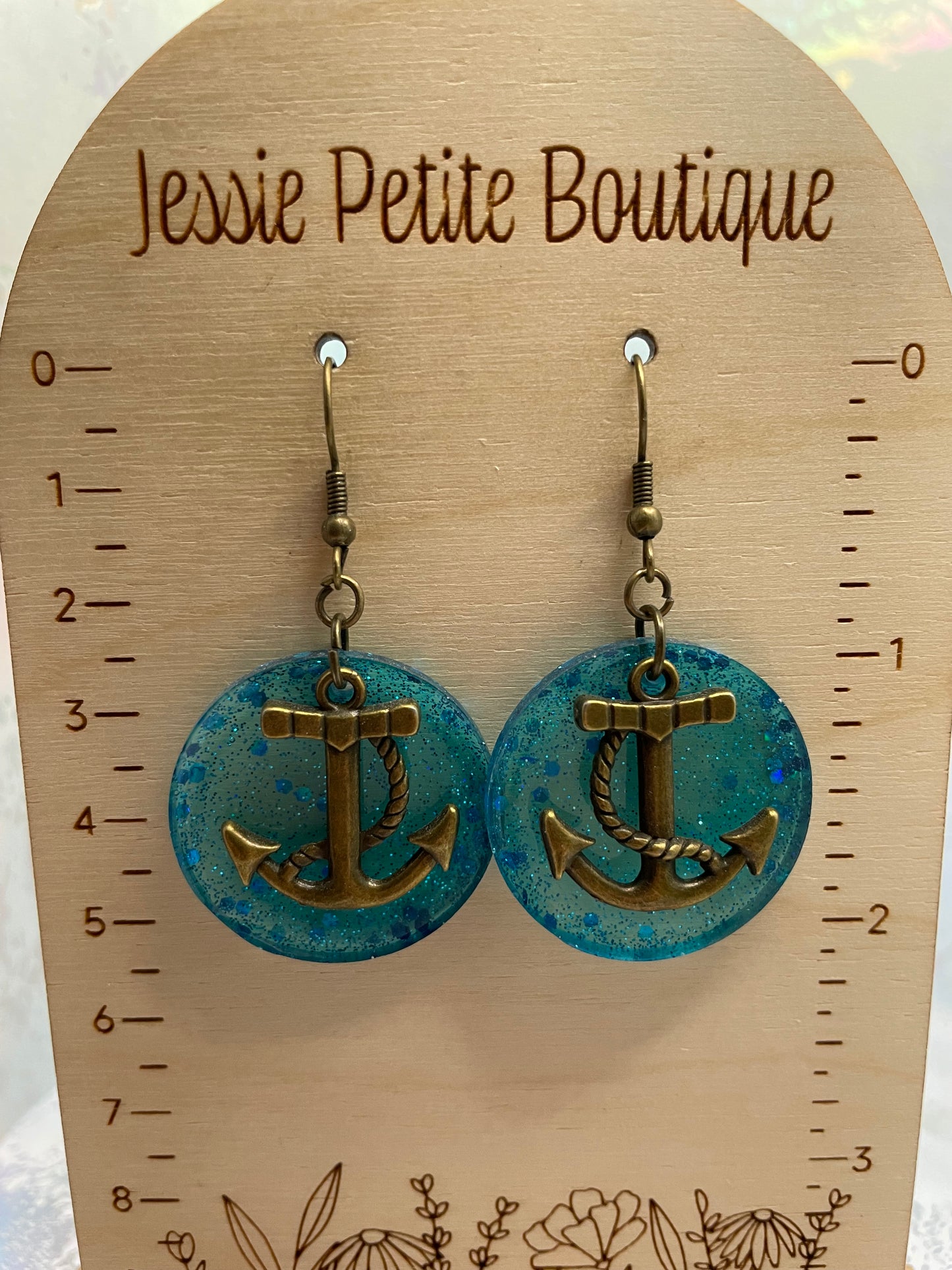 Bronze Anchor on Sparkly Blue Circle Earrings