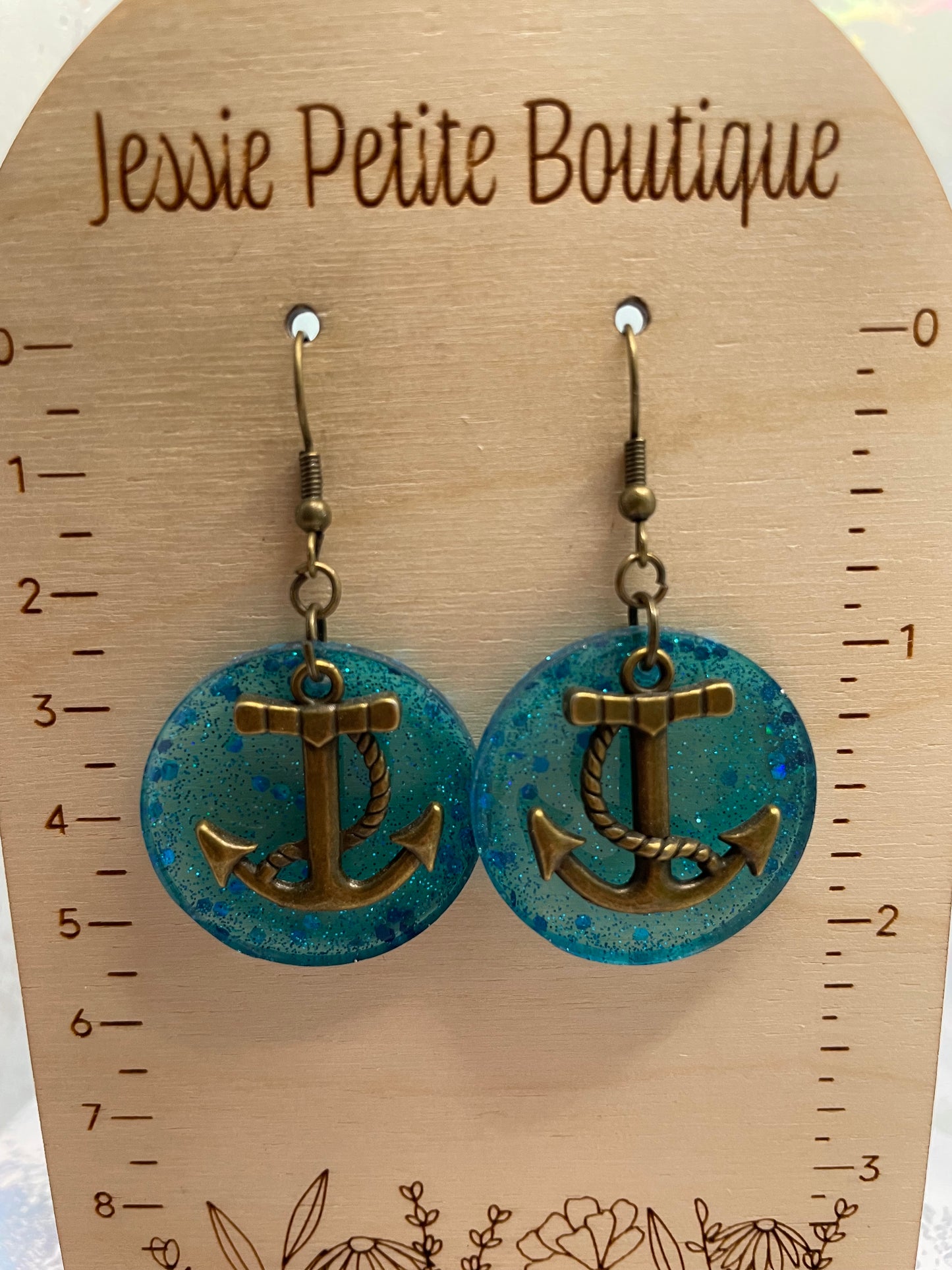 Bronze Anchor on Sparkly Blue Circle Earrings