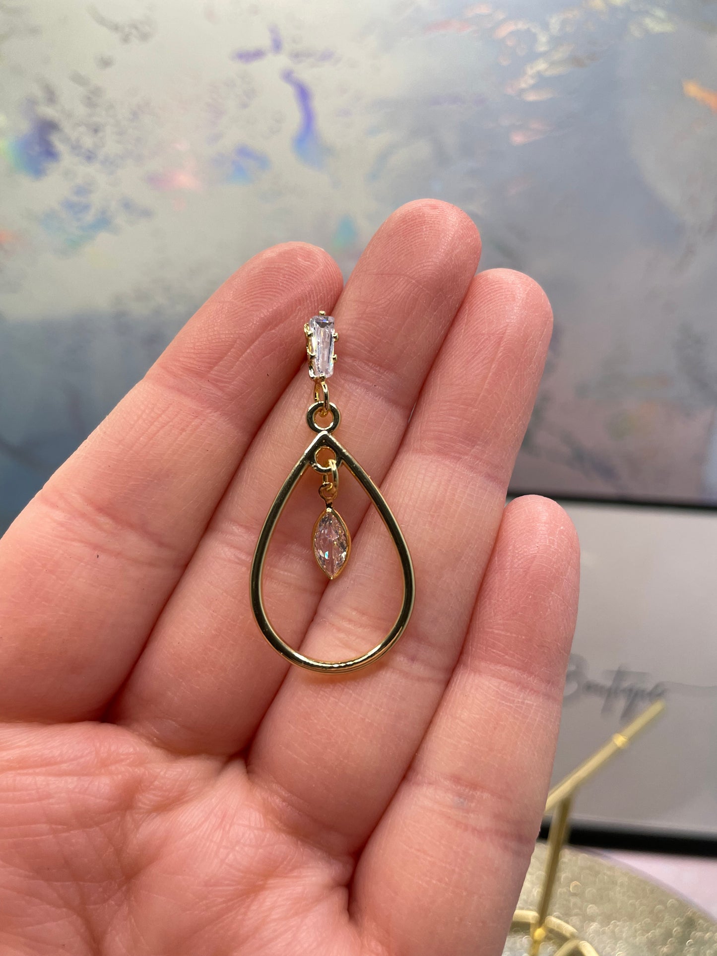 Gold Teardrop Earrings with CZ Pave+Zirconia-14k Gold Plated