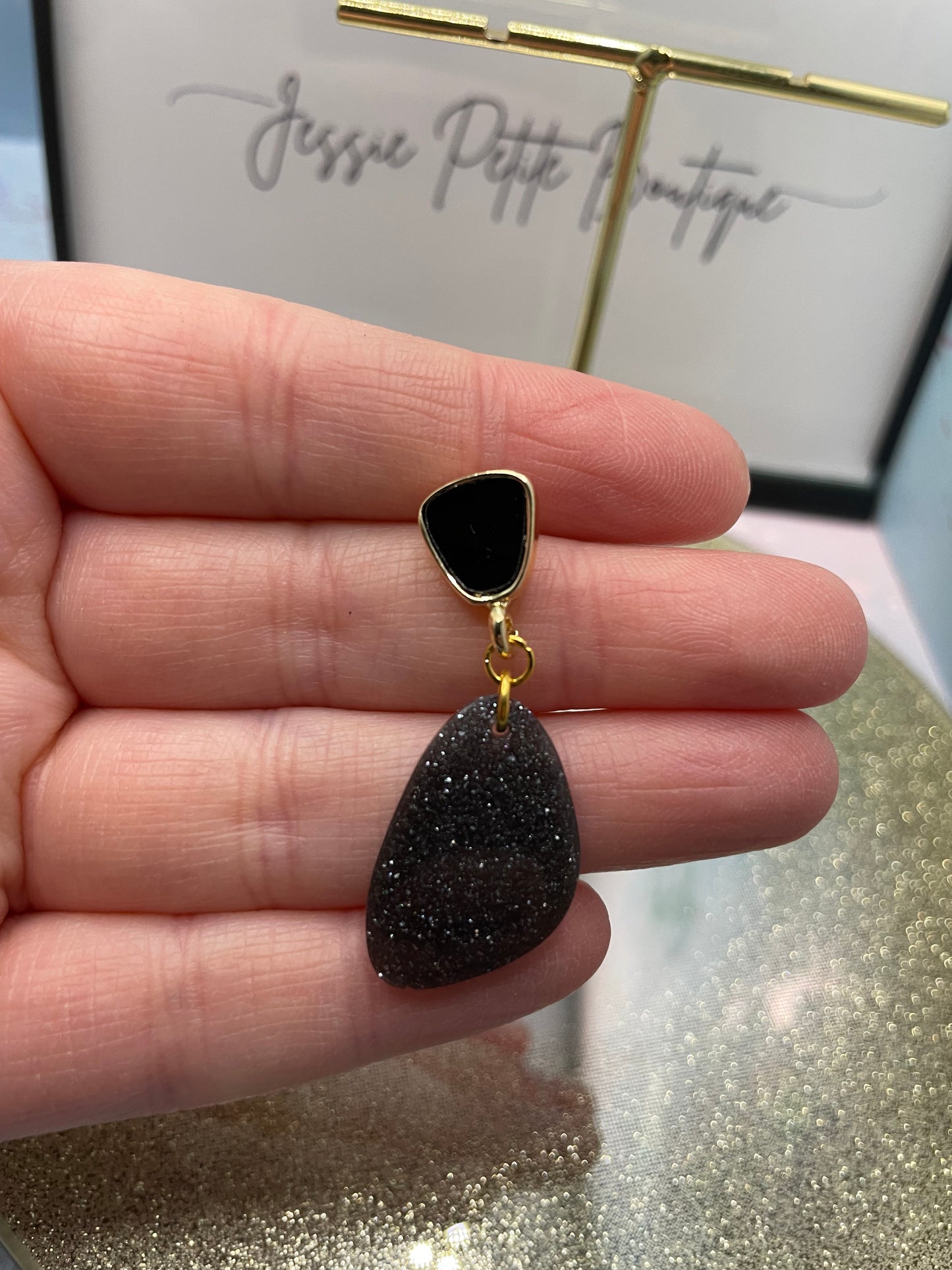Galaxy Black Earrings with Gold/Black Stud- NICKEL FREE