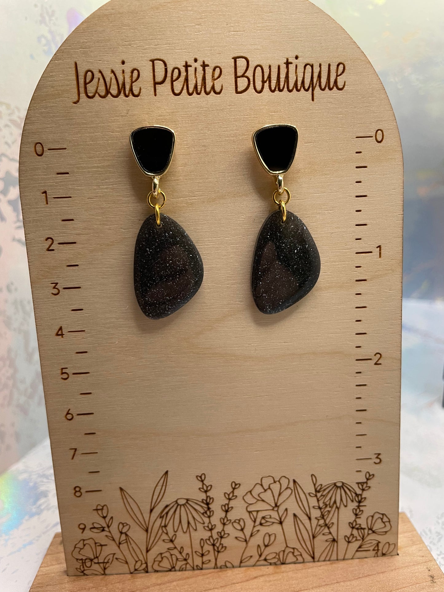 Galaxy Black Earrings with Gold/Black Stud- NICKEL FREE