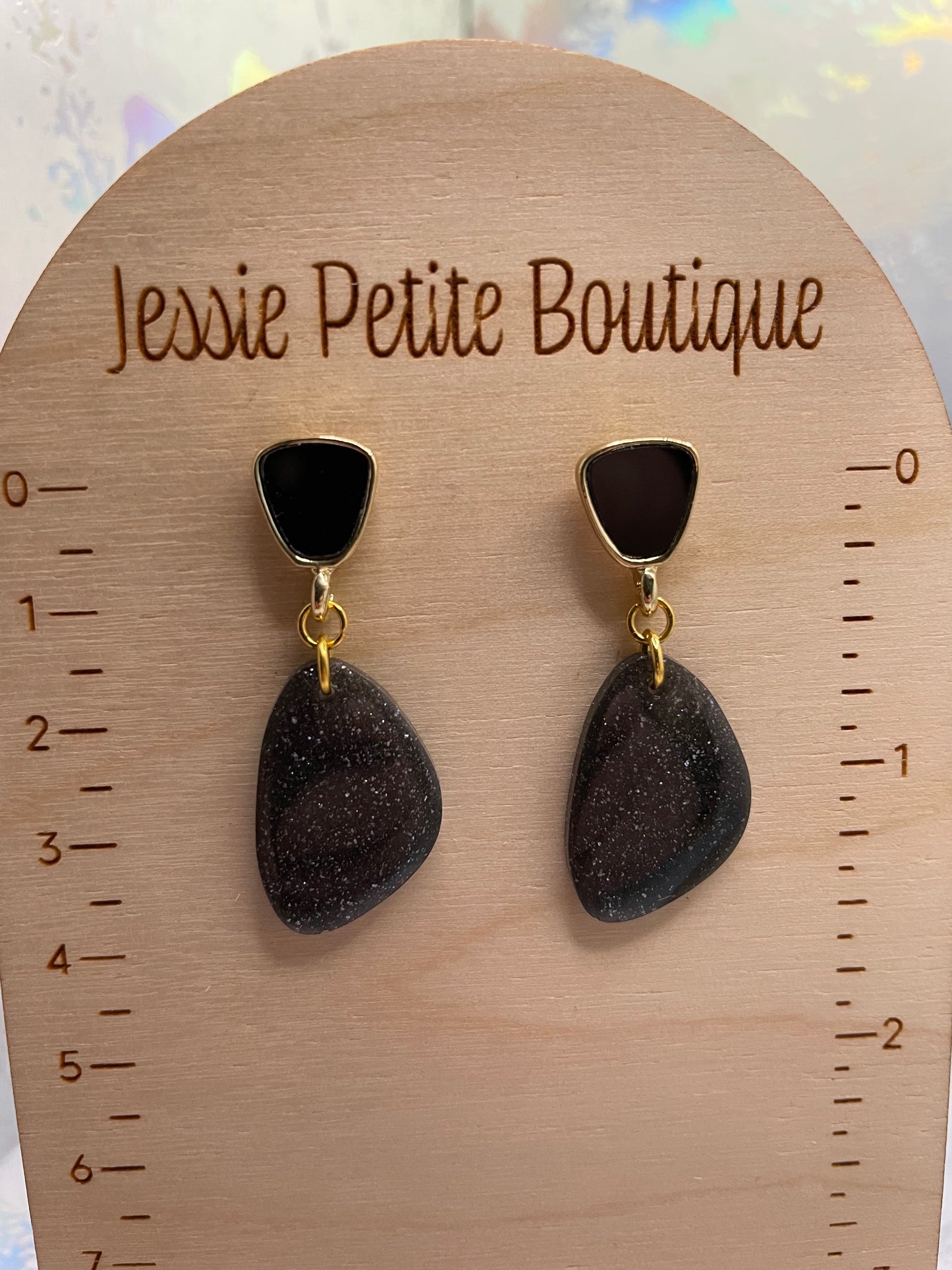 Galaxy Black Earrings with Gold/Black Stud- NICKEL FREE