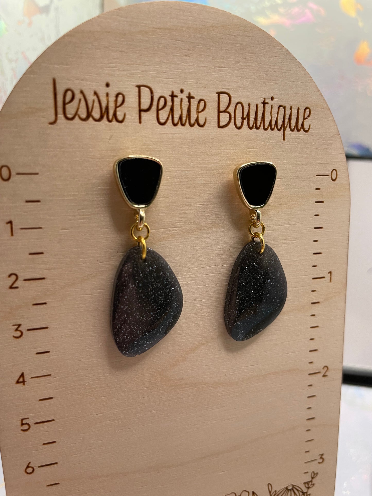 Galaxy Black Earrings with Gold/Black Stud- NICKEL FREE