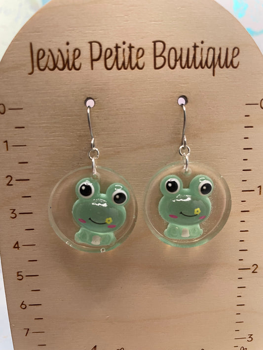Round Green Frog Drop Earrings- Stainless Steel