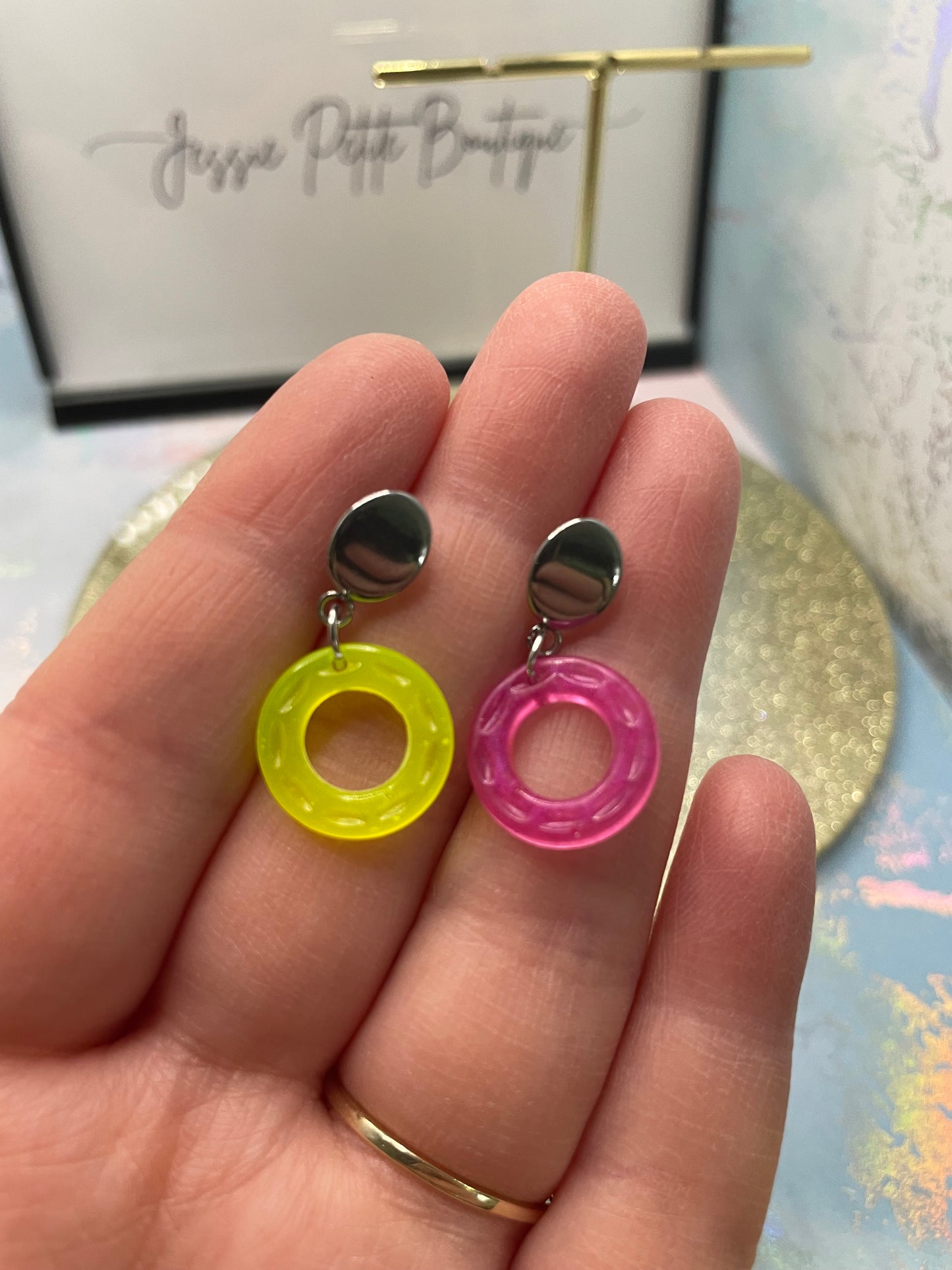 Small Neon Donut Earrings + Silver Stud – STAINLESS STEEL