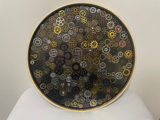 Large Steampunk Gear Round Tray – Resin and Wood
