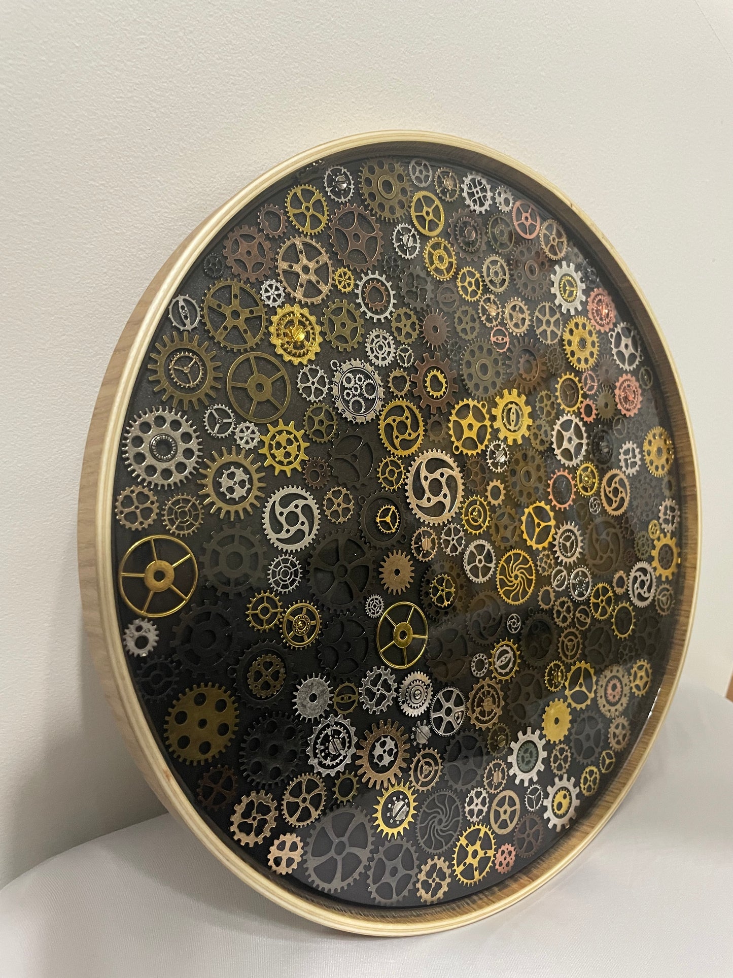 Large Steampunk Gear Round Tray – Resin and Wood