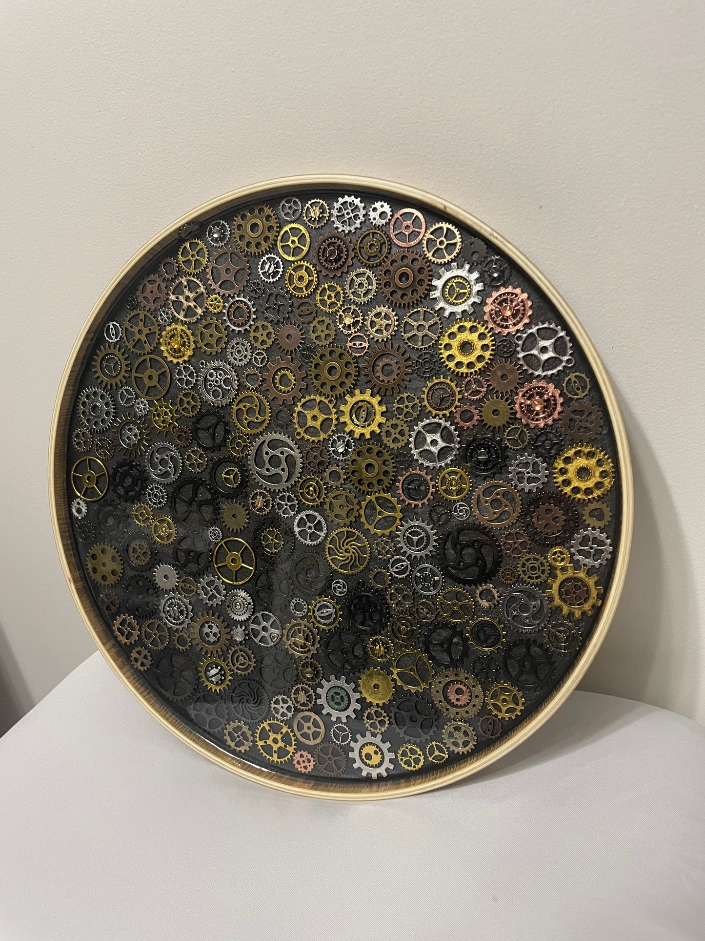 Large Steampunk Gear Round Tray – Resin and Wood