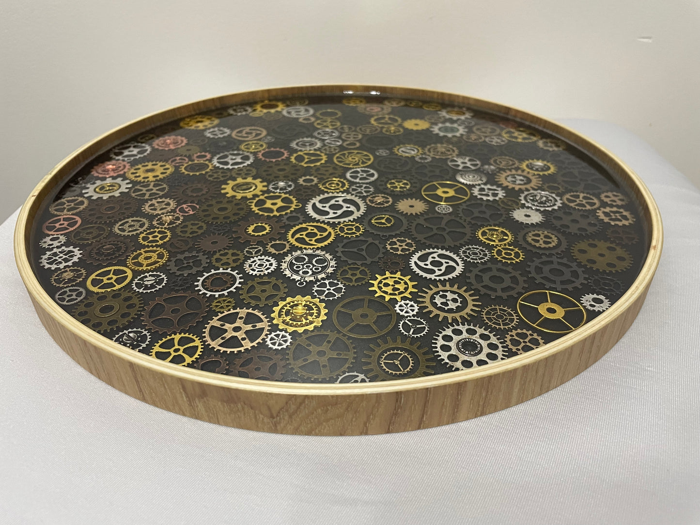 Large Steampunk Gear Round Tray – Resin and Wood