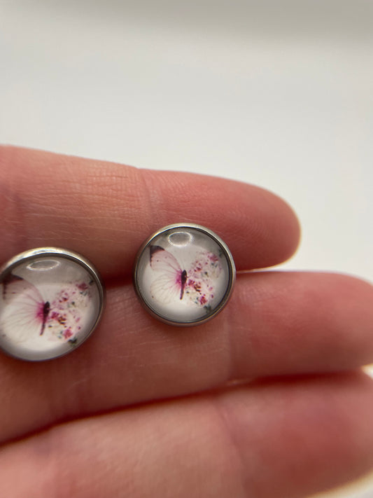 Pink Butterfly Stud Earrings – Stainless Steel+Nickel Free