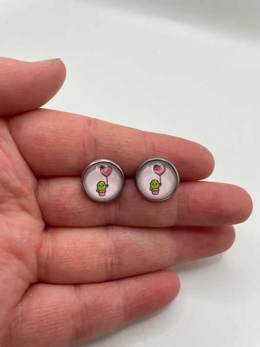 Cactus with Heart Balloon Stud Earrings – Stainless Steel+Nickel Free