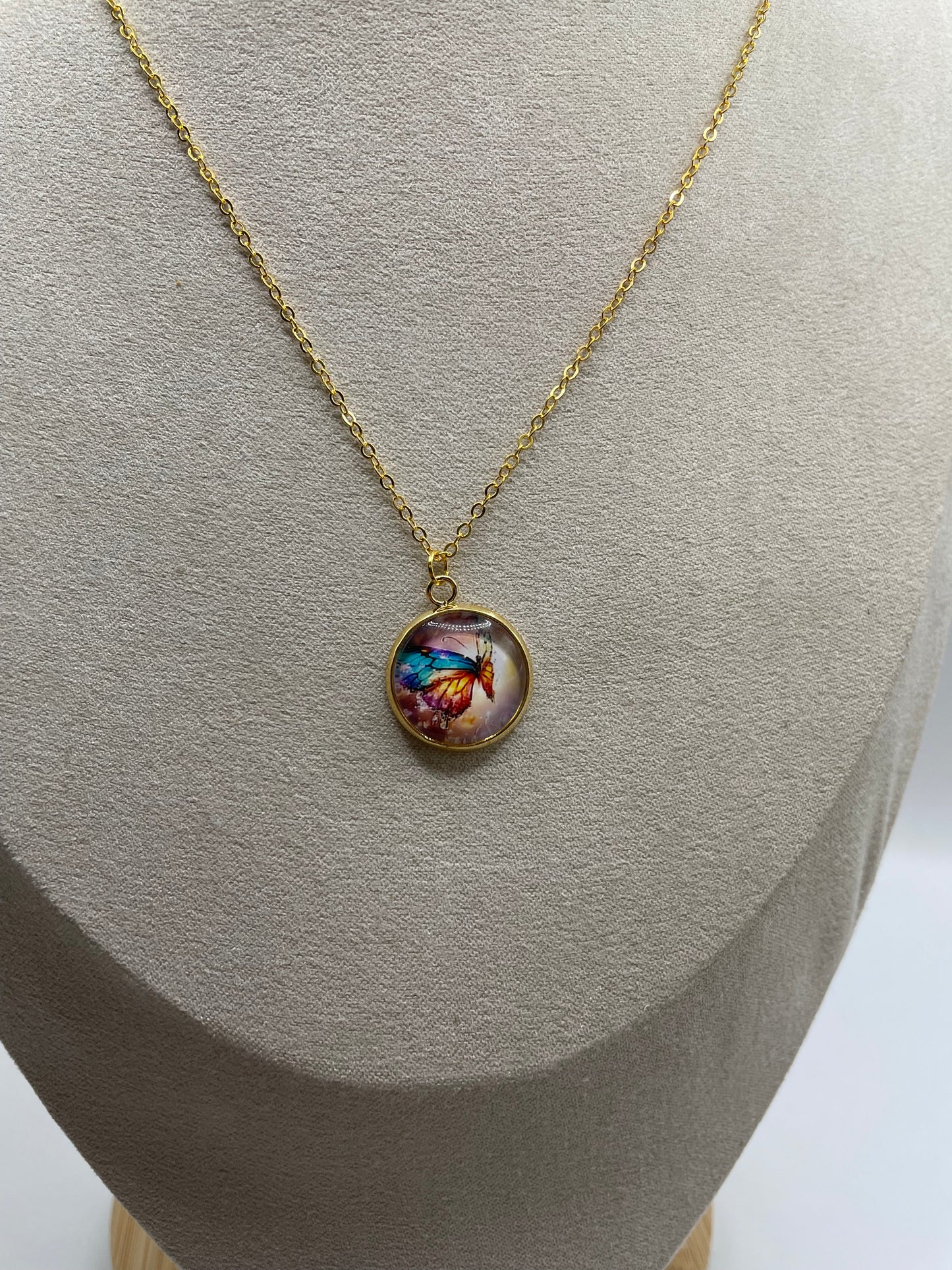 Colorful Butterfly Pendant Necklace (Gold Finish)-Nickel Free