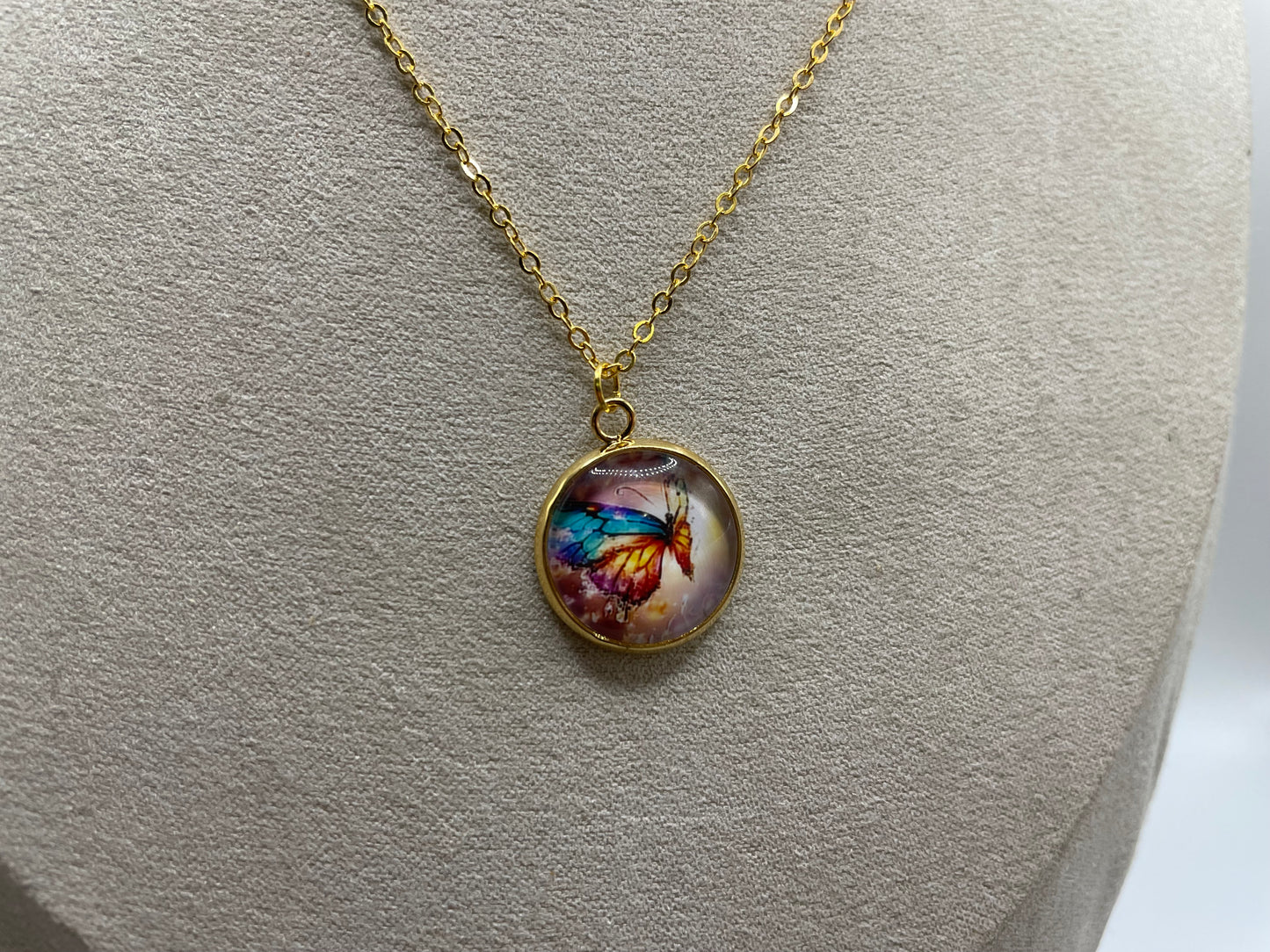 Colorful Butterfly Pendant Necklace (Gold Finish)-Nickel Free