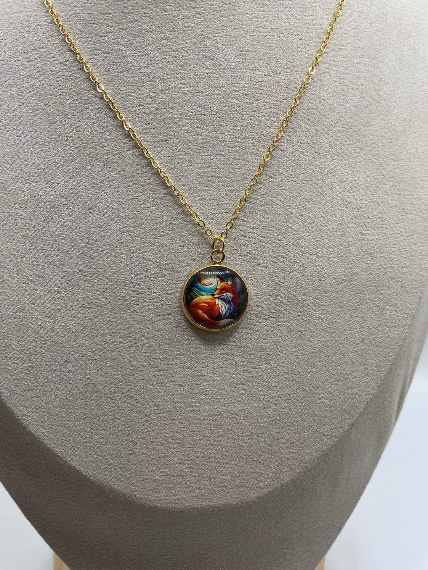 Colourful Fox Pendant Necklace (Gold Finish)-Nickel Free