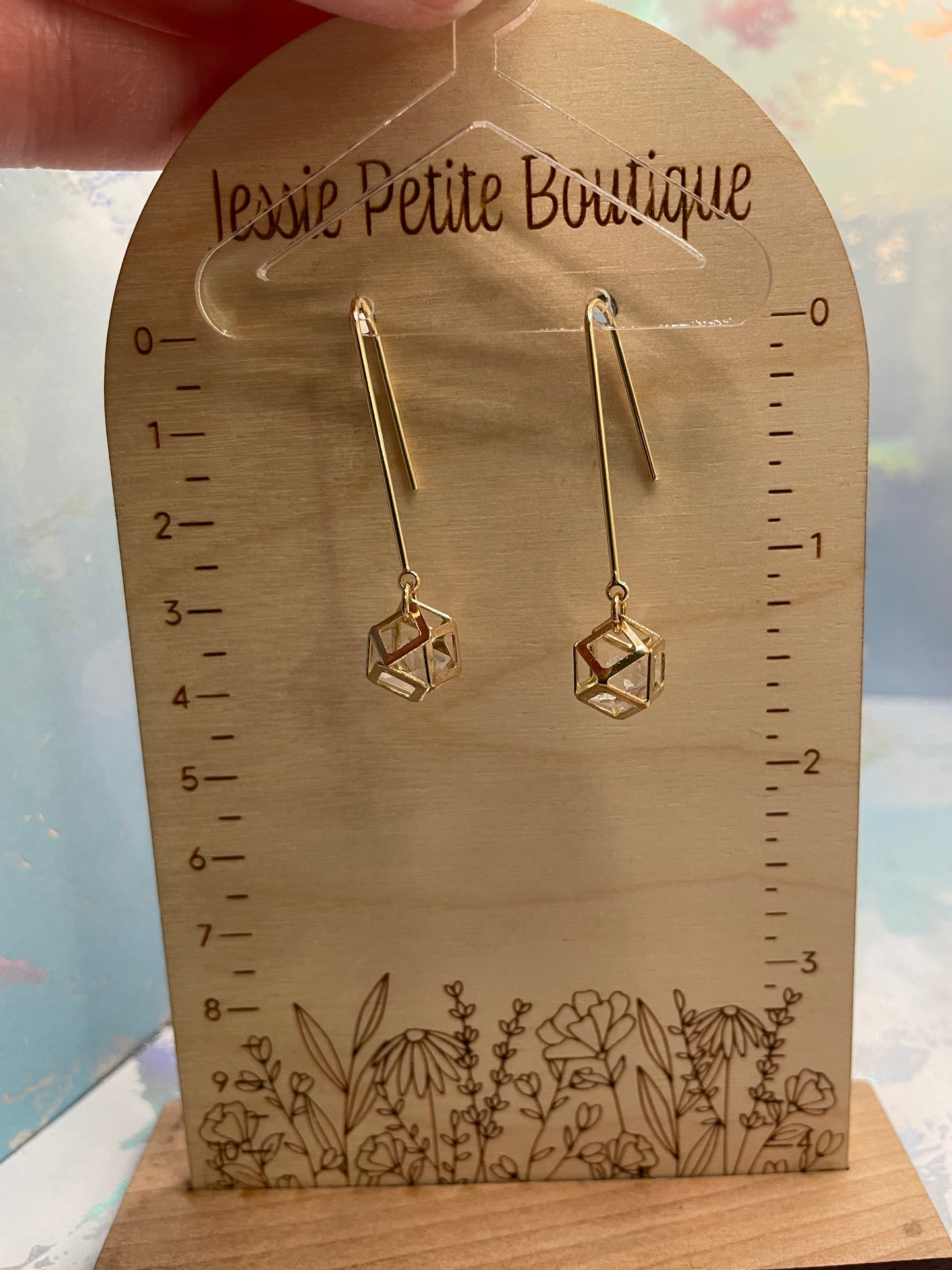 Boucles d'oreilles cage polyèdres en or+ diamant en verre