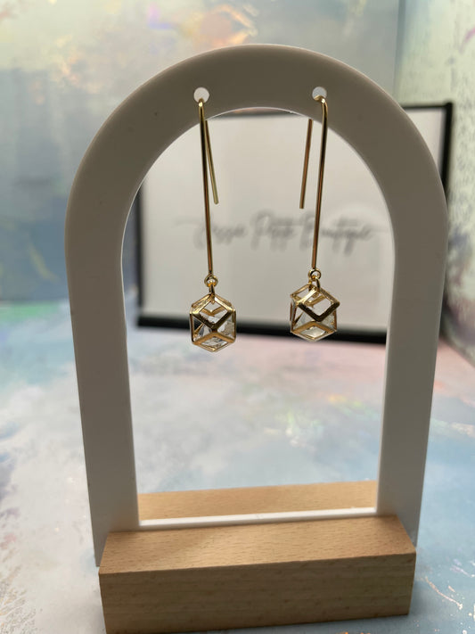 Gold Polyhedra Cage Earrings with Glass Diamond