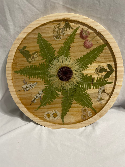 Wooden Sofa Tray with Real Dried Flowers