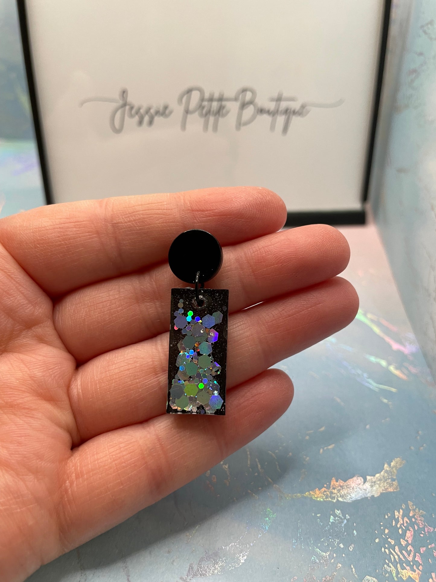 Boucles d'oreilles rectangulaires funky + boutons ronds en acétate 