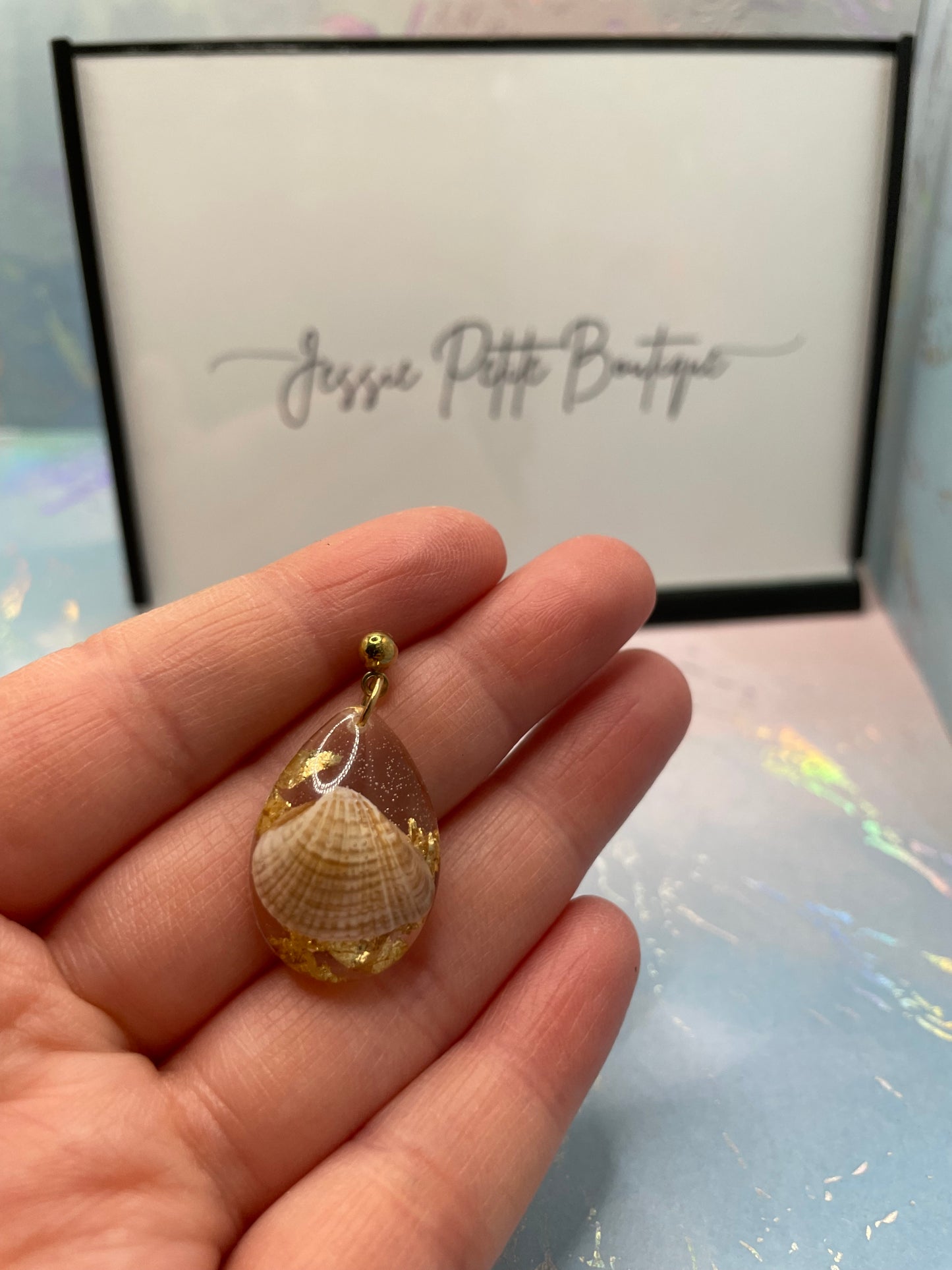 Shell And Gold Resin Teardrop Earrings