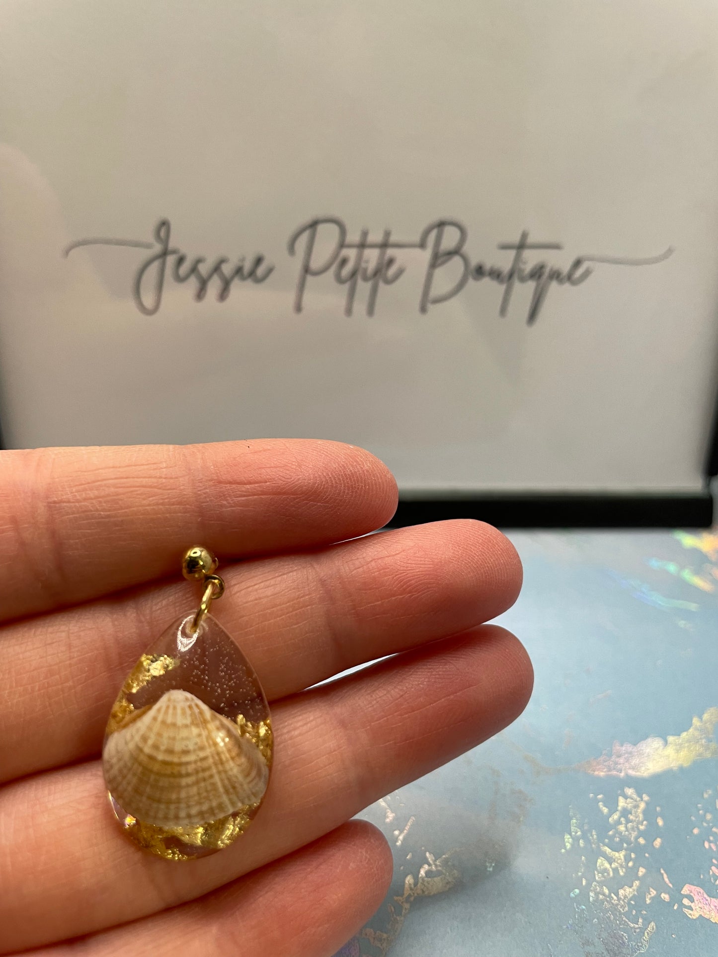 Shell And Gold Resin Teardrop Earrings