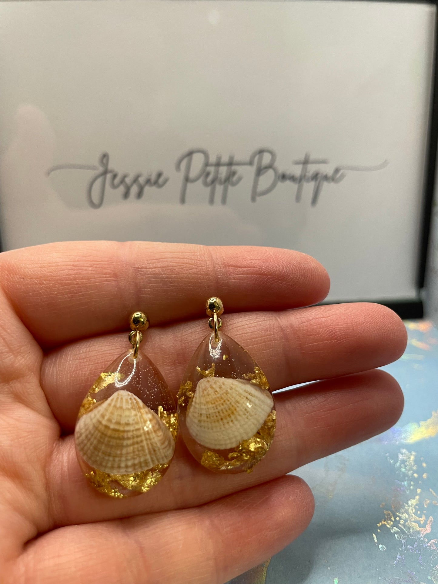 Shell And Gold Resin Teardrop Earrings