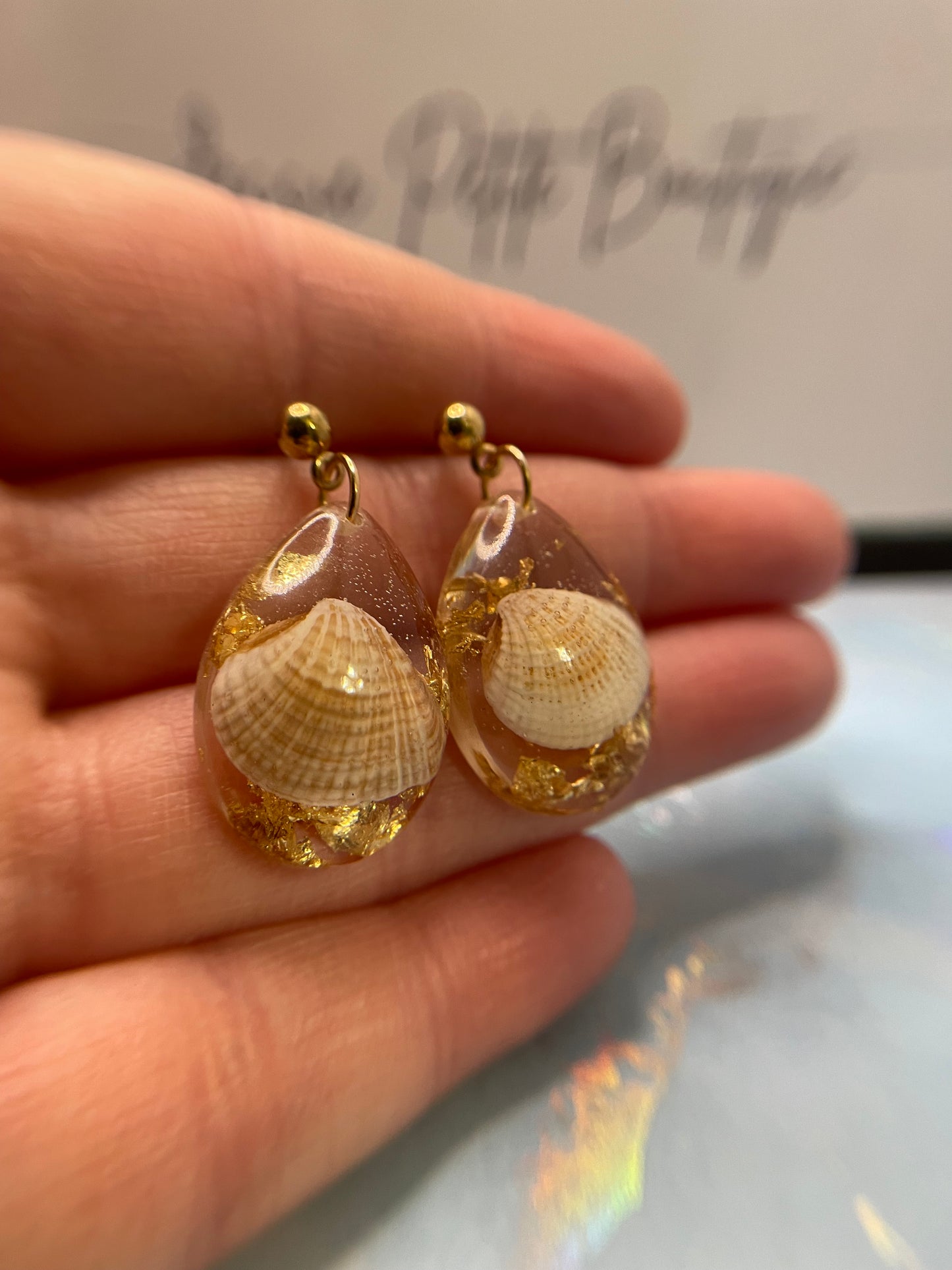 Shell And Gold Resin Teardrop Earrings