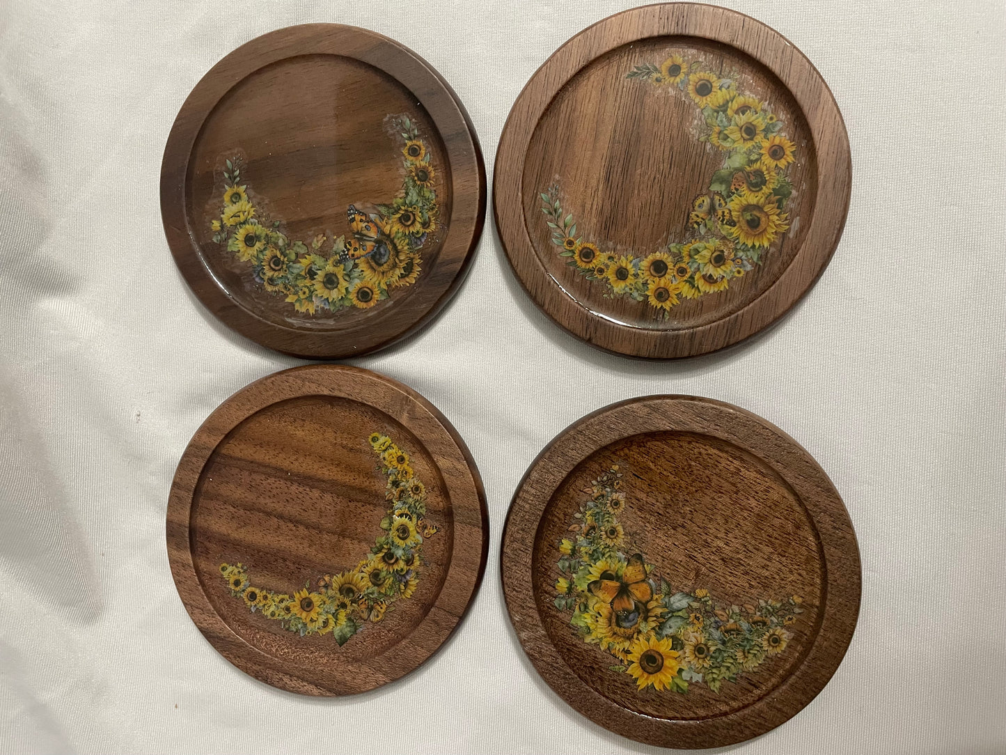 Sunflower & Butterfly Walnut Coaster Set
