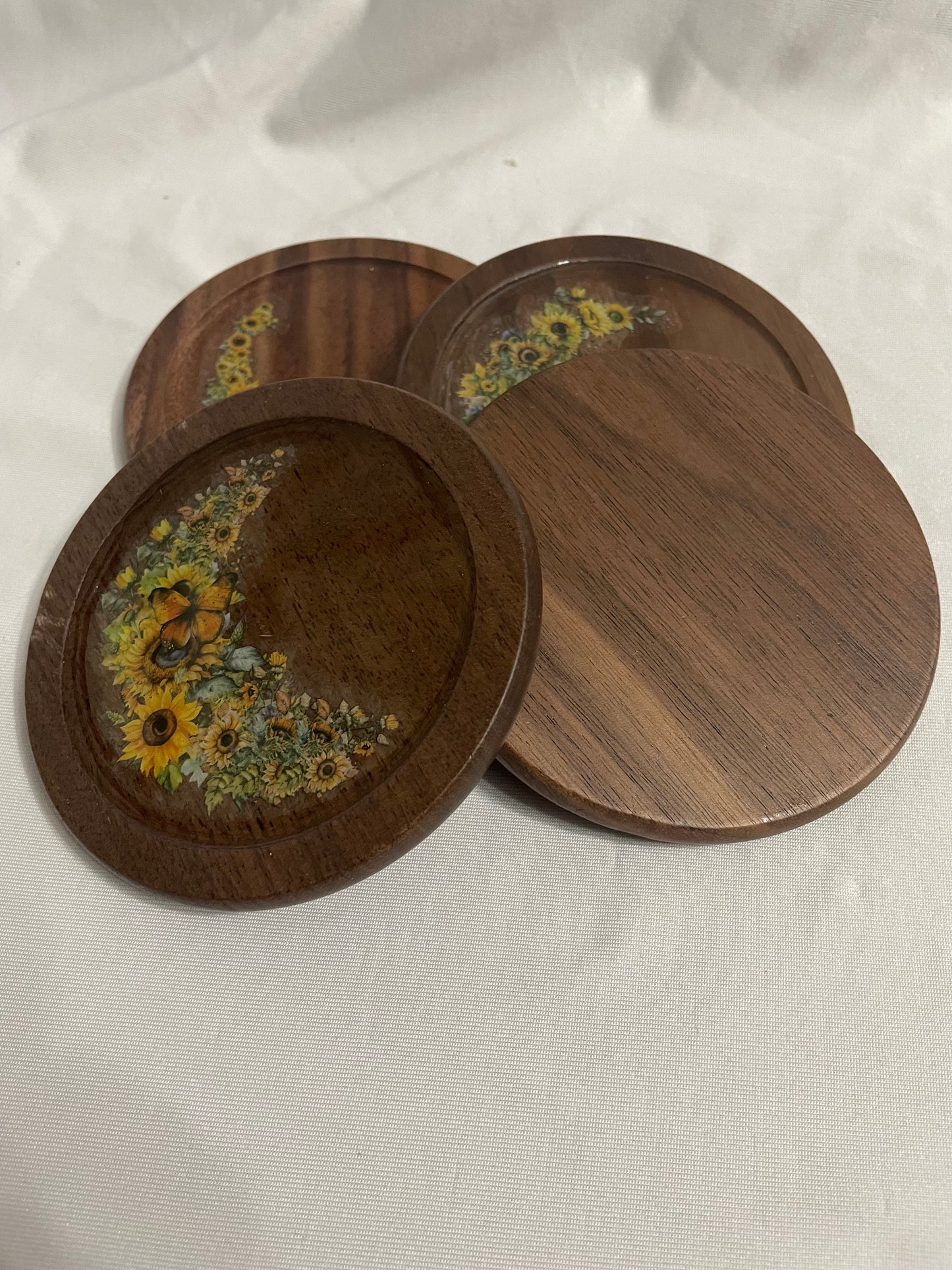 Sunflower & Butterfly Walnut Coaster Set