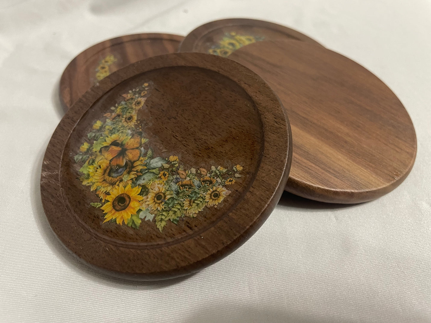 Sunflower & Butterfly Walnut Coaster Set