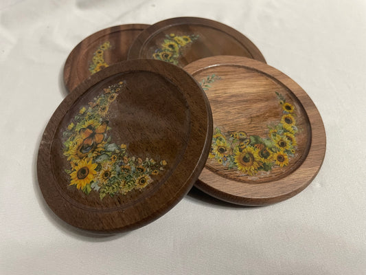 Sunflower & Butterfly Walnut Coaster Set