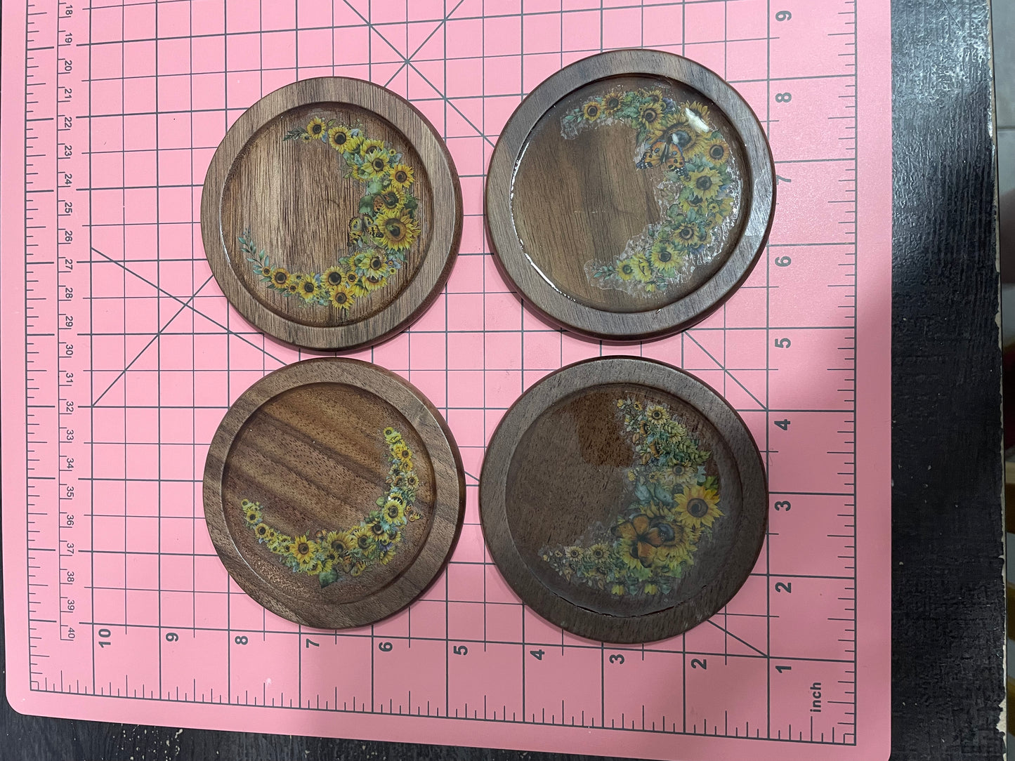 Sunflower & Butterfly Walnut Coaster Set