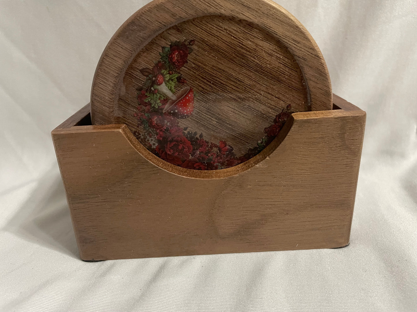 Red mushroom walnut coaster set + holder