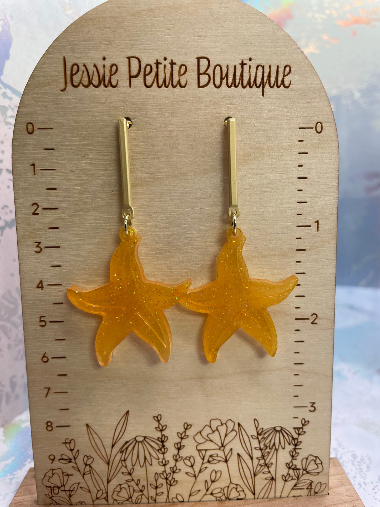 Sparkly Orange Starfish Dangle Earrings-Stainless Steel
