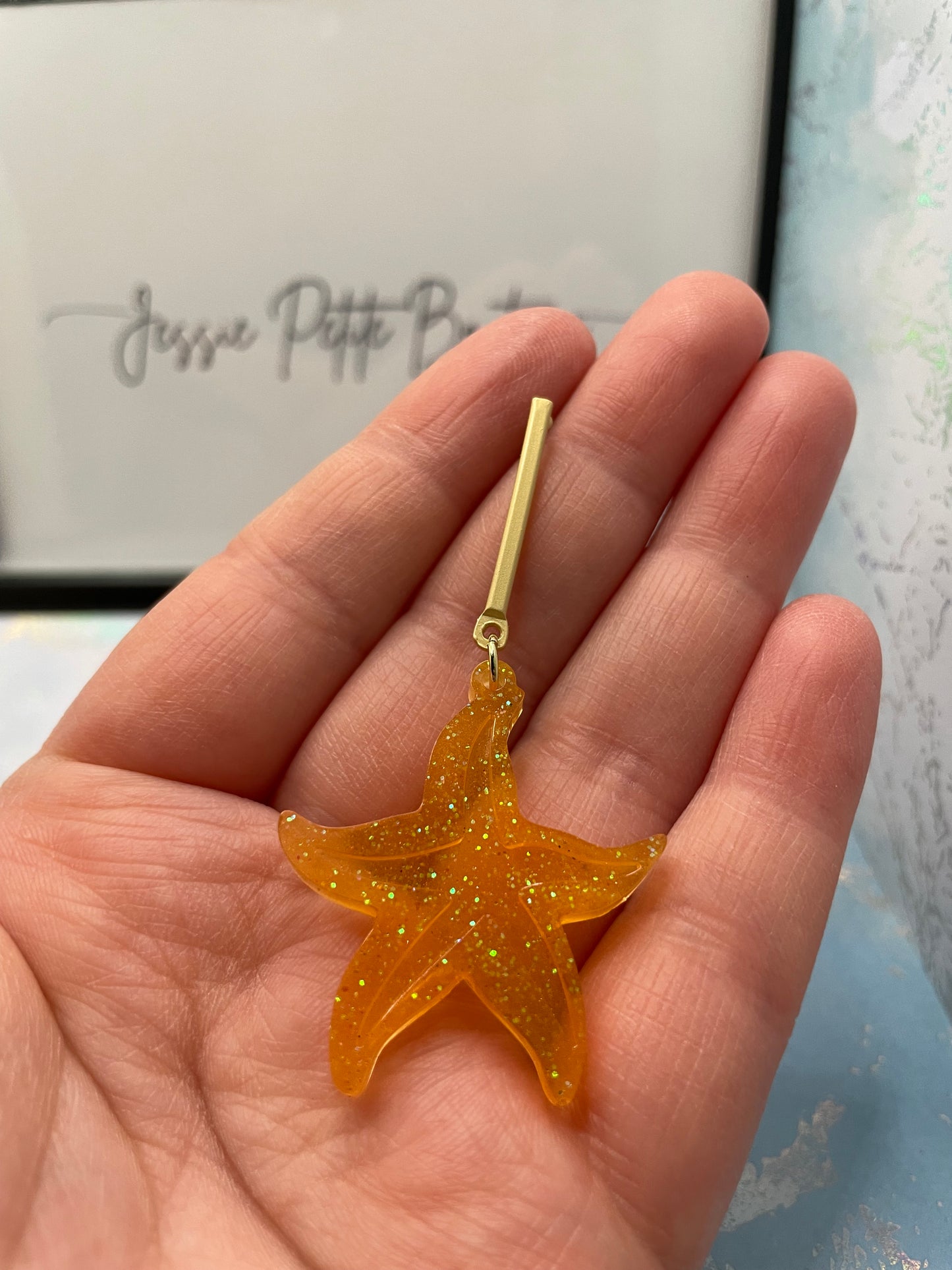 Sparkly Orange Starfish Dangle Earrings-Stainless Steel