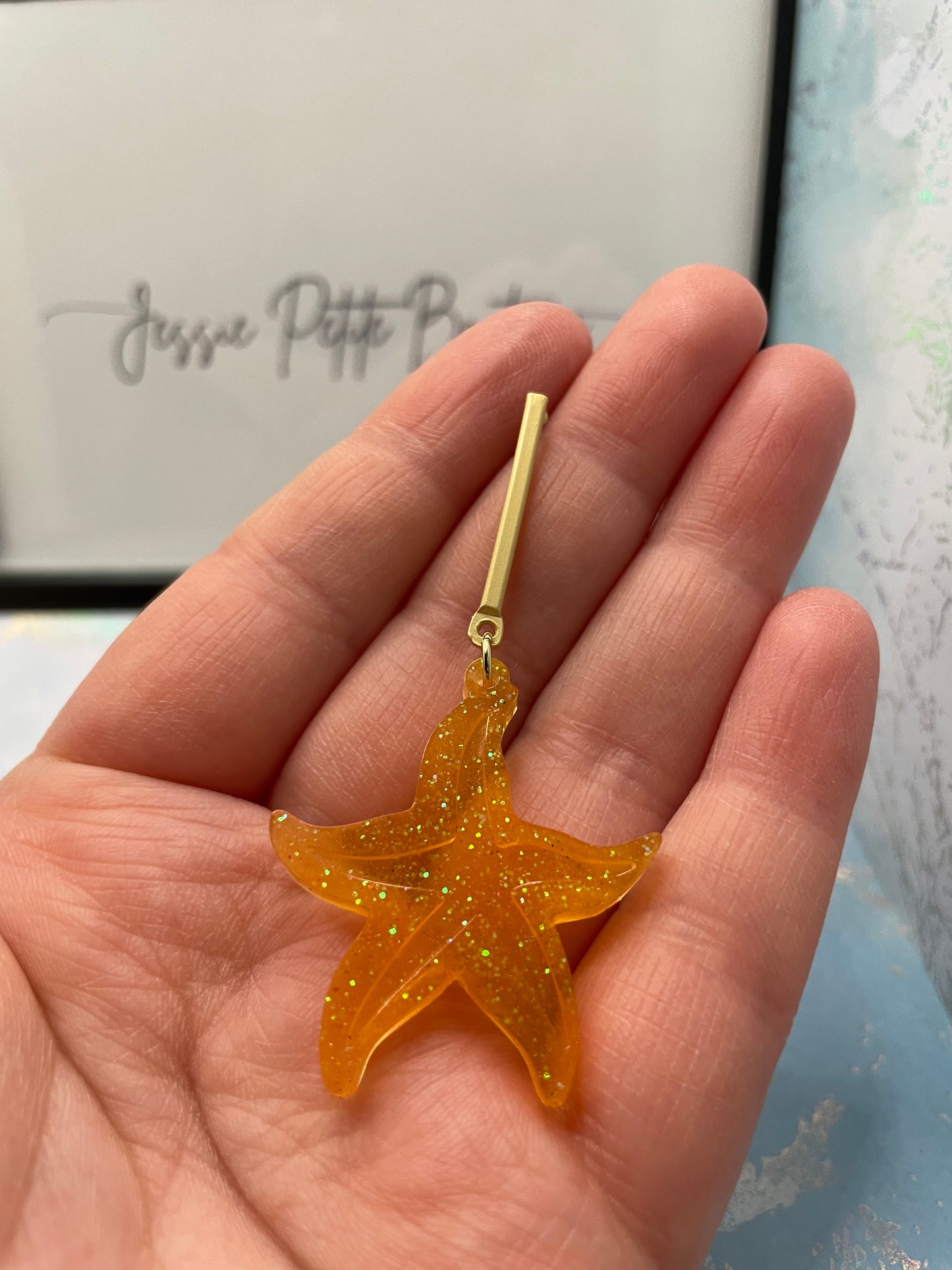Sparkly Orange Starfish Dangle Earrings-Stainless Steel