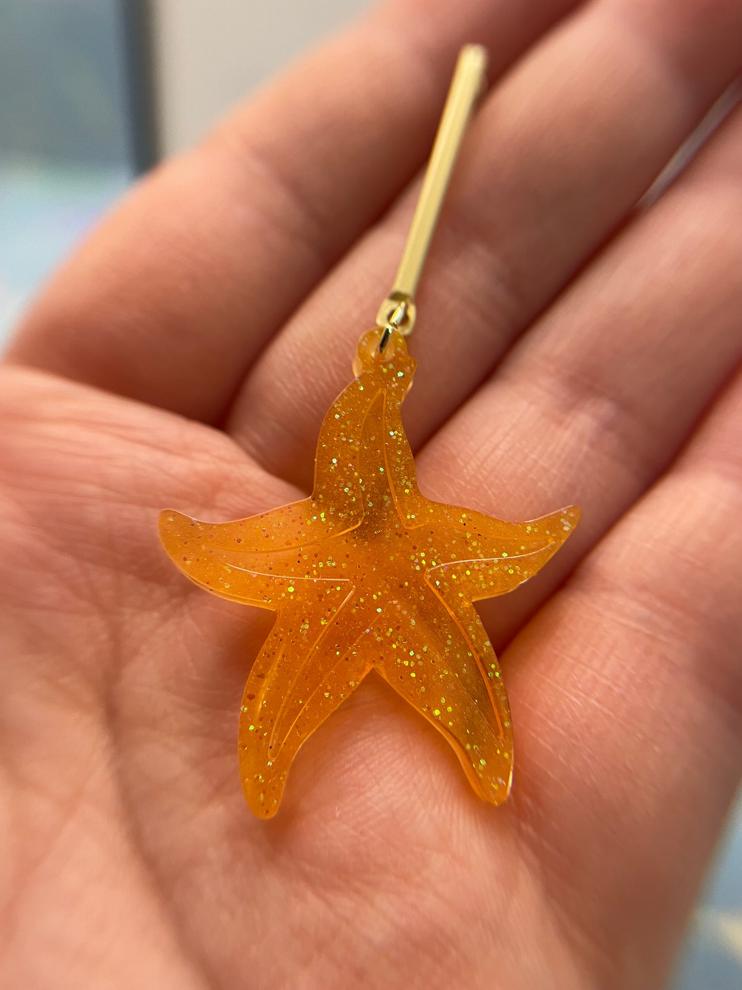 Sparkly Orange Starfish Dangle Earrings-Stainless Steel