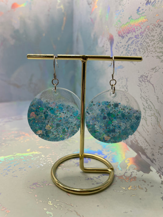 Sparkly Blue Mermaid Round Earrings
