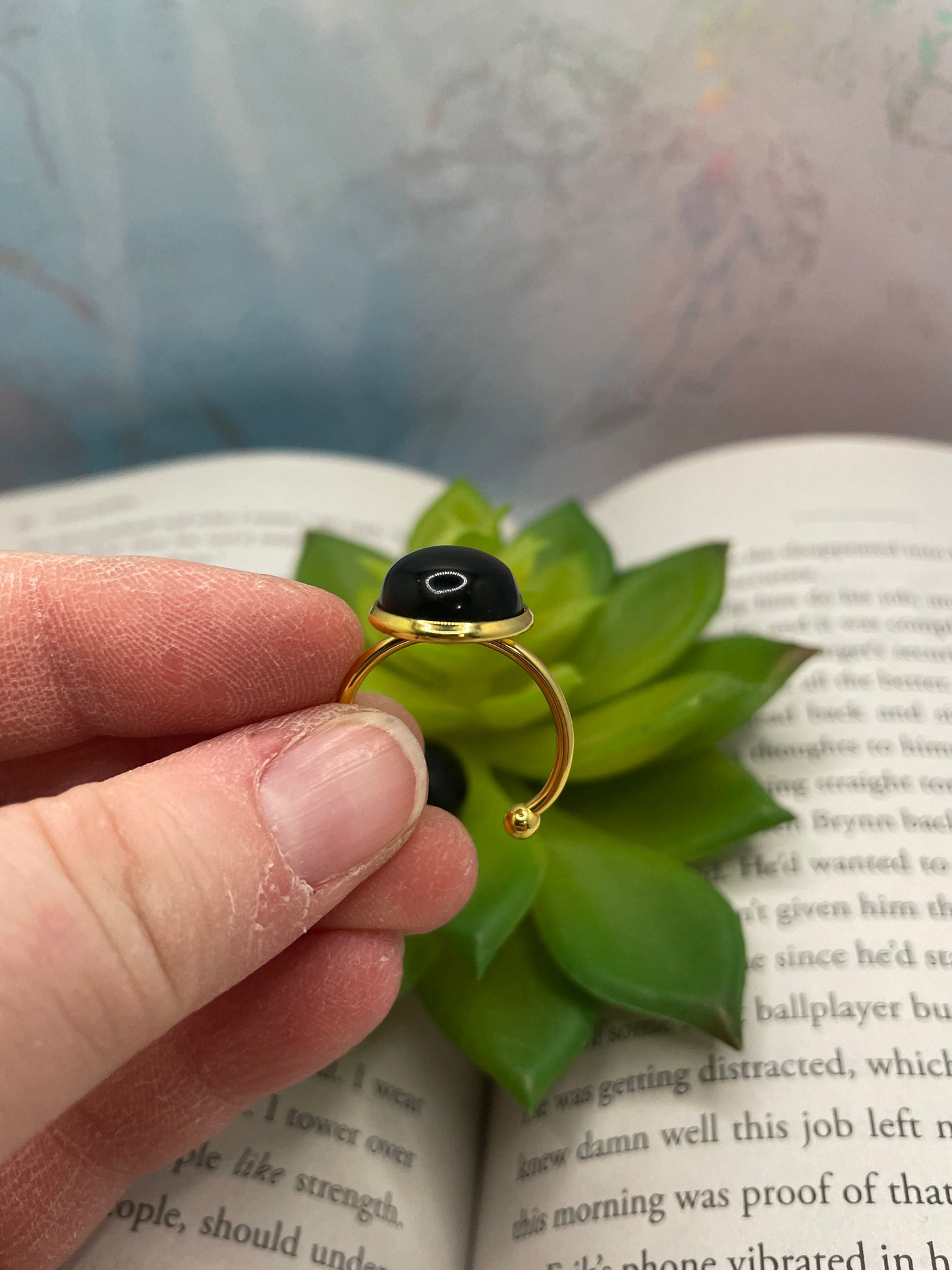 Onyx Cabochon Adjustable Ring – Stainless Steel