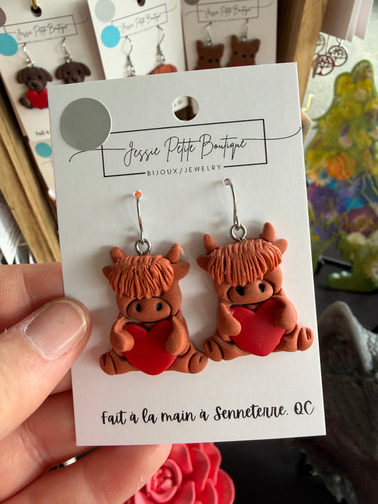 Highland Cow Heart Polymer Clay Earrings
